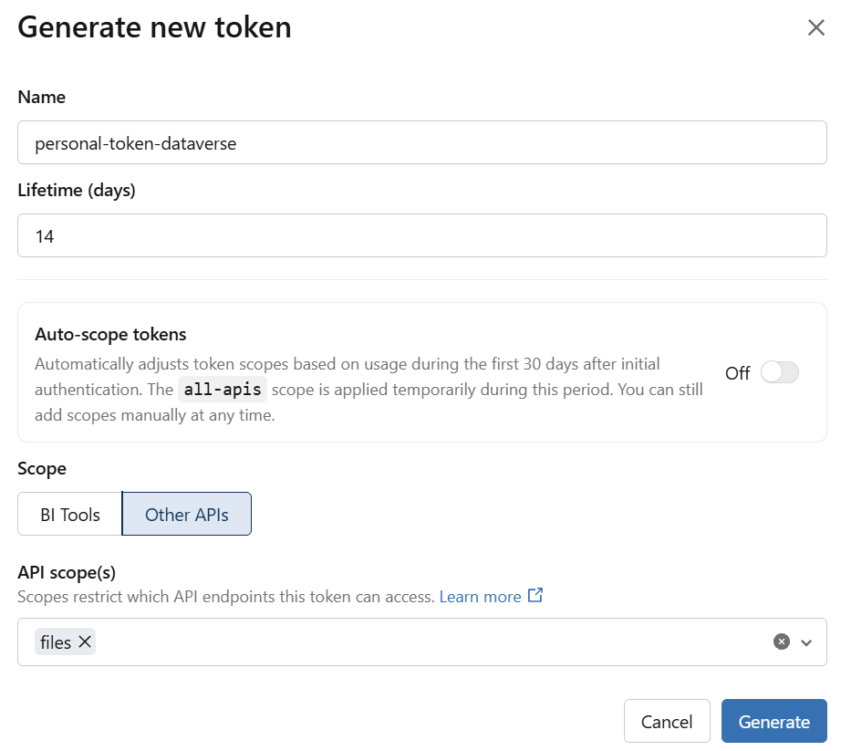The "Generate new token" dialog, scoped to the files API with a 14-day lifetime