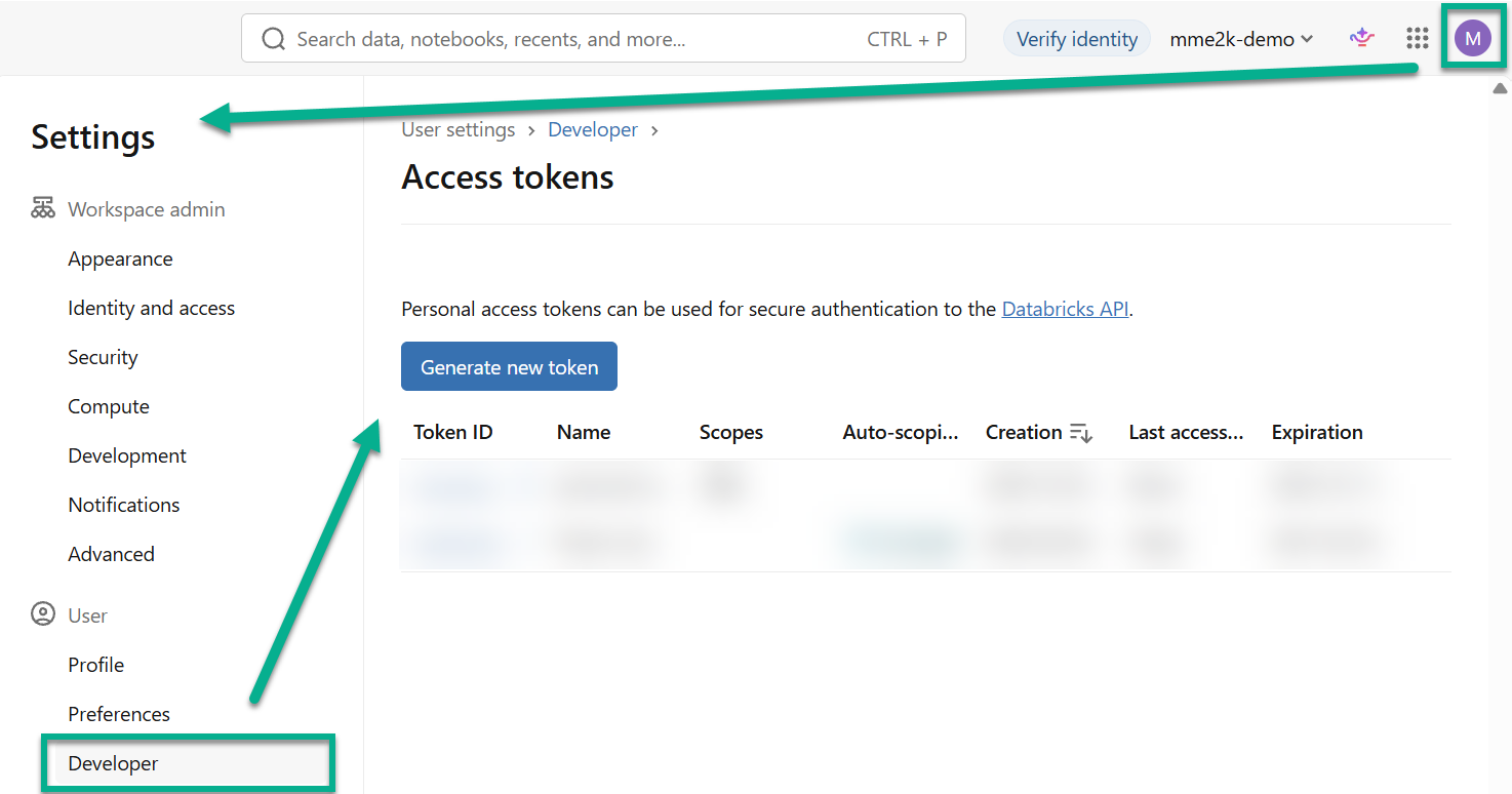Navigating to Settings, Developer, and Access tokens in Databricks