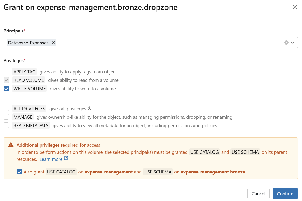 The Grant dialog on expense_management.bronze.dropzone: principal Dataverse-Expenses with the READ VOLUME and WRITE VOLUME privileges, and the checkbox to also grant USE CATALOG and USE SCHEMA