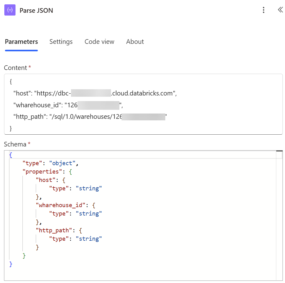 A Power Automate Parse JSON action with host, warehouse_id, and http_path as a defined schema