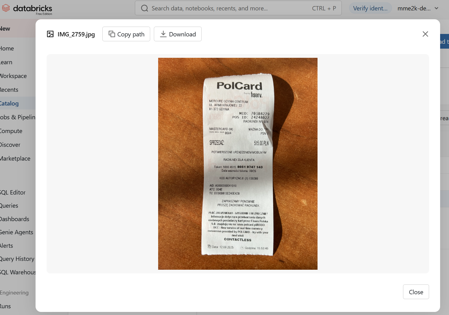 Databricks file preview showing the uploaded receipt image