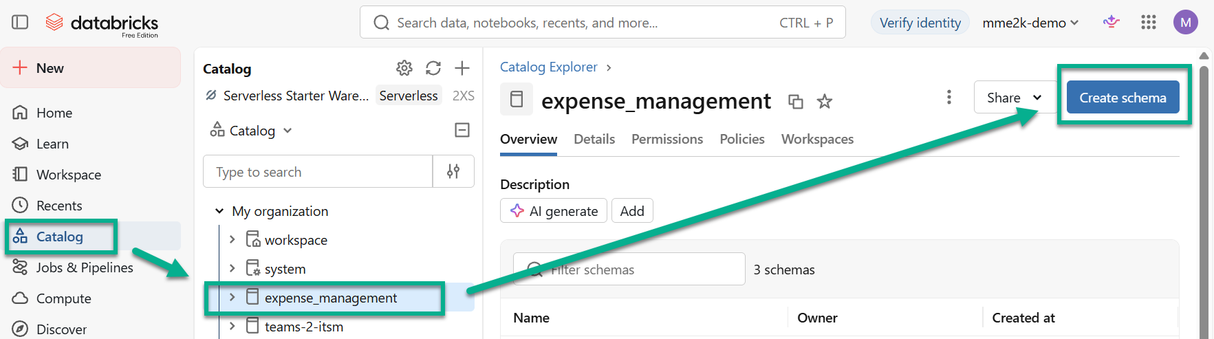 Catalog Explorer showing the expense_management catalog open, with the Create schema button highlighted
