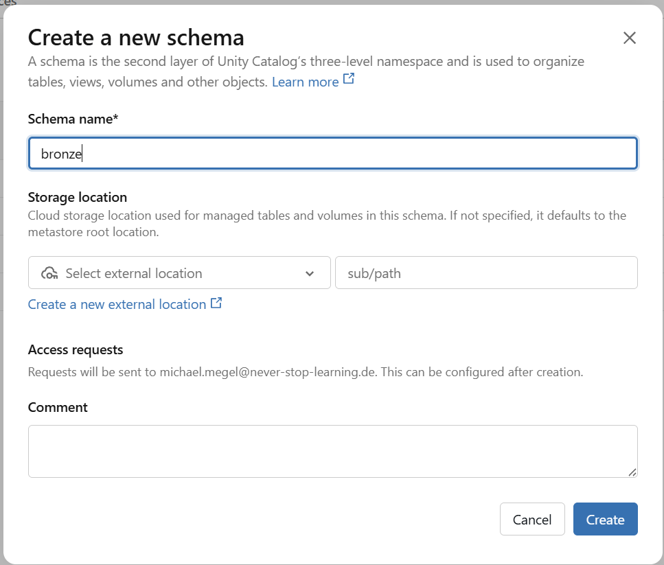 The "Create a new schema" dialog, with the schema name set to bronze inside the expense_management catalog