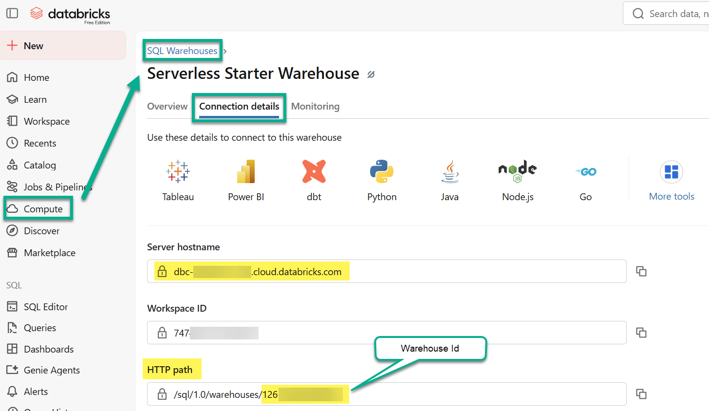 Databricks SQL Warehouse connection details: server hostname, workspace ID, and HTTP path with the warehouse ID highlighted