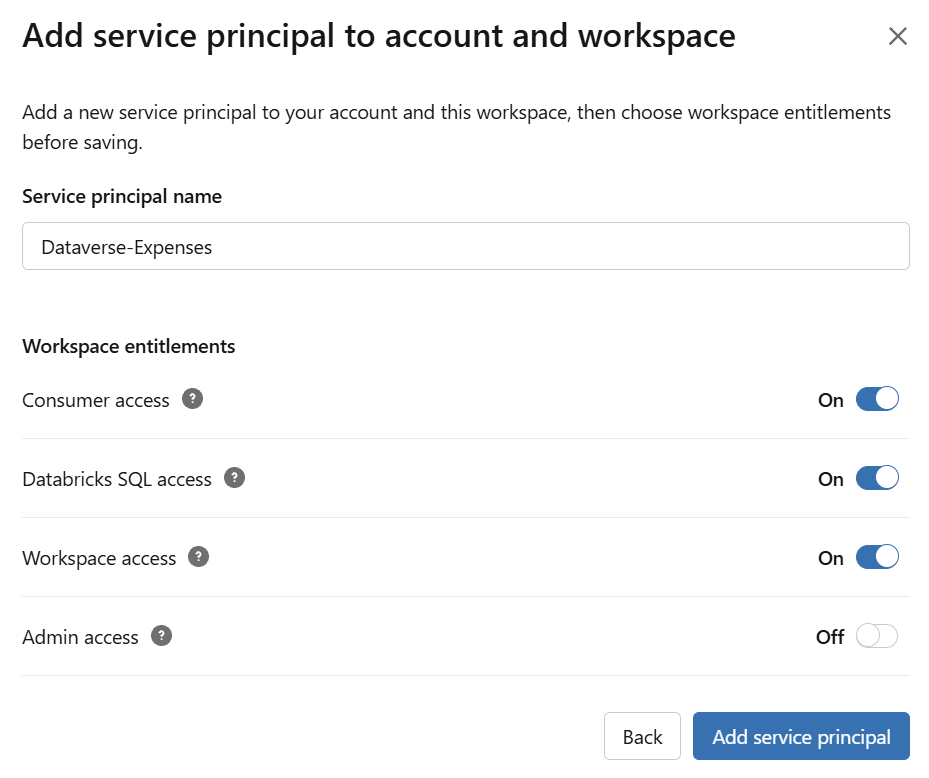 The Databricks service principal dialog with the name Dataverse-Expenses and the entitlements, Admin access turned off