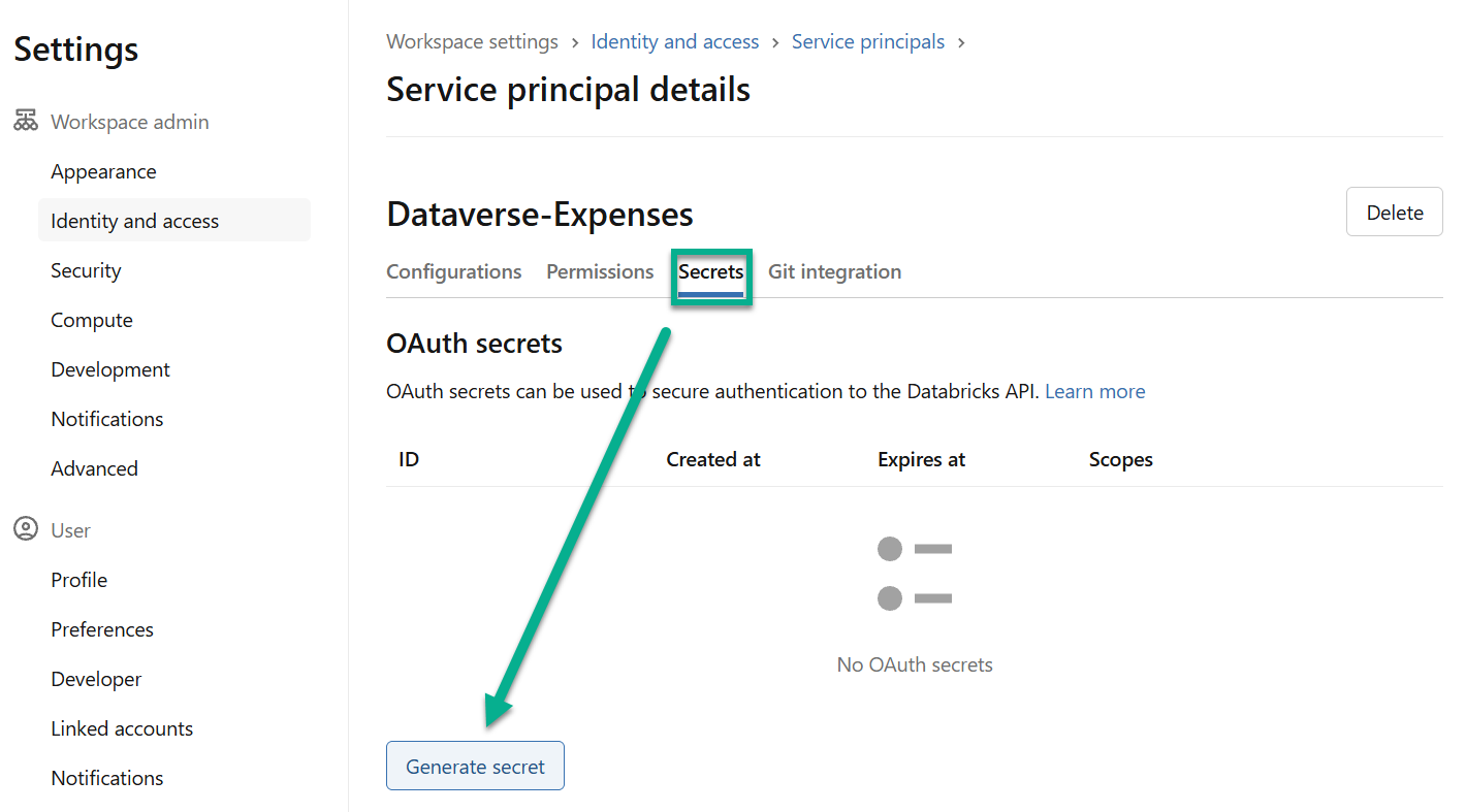 The Secrets tab of the service principal, with the Generate secret button highlighted