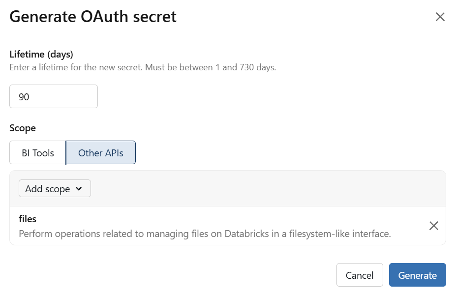 The Generate OAuth secret dialog with a lifetime of 90 days and the files scope selected under Other APIs