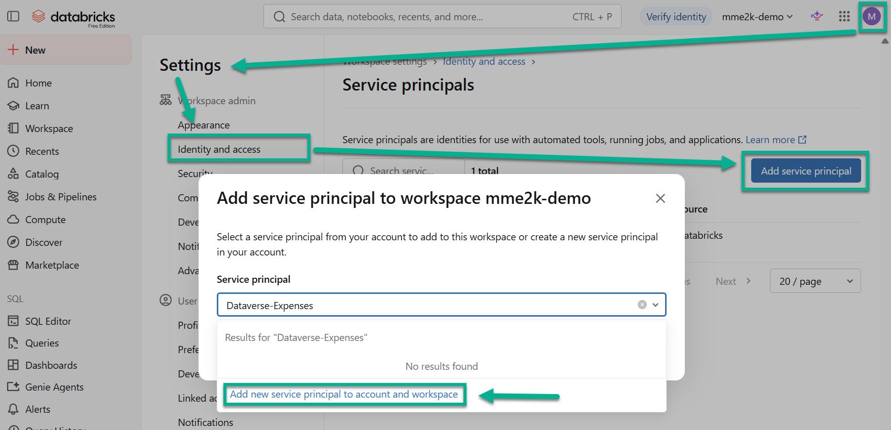 Settings, Identity and access, Service principals, and the dialog to add a new service principal to the account and workspace