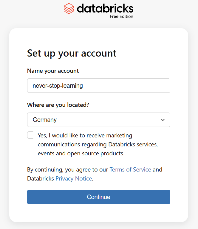 Databricks Free Edition signup form
