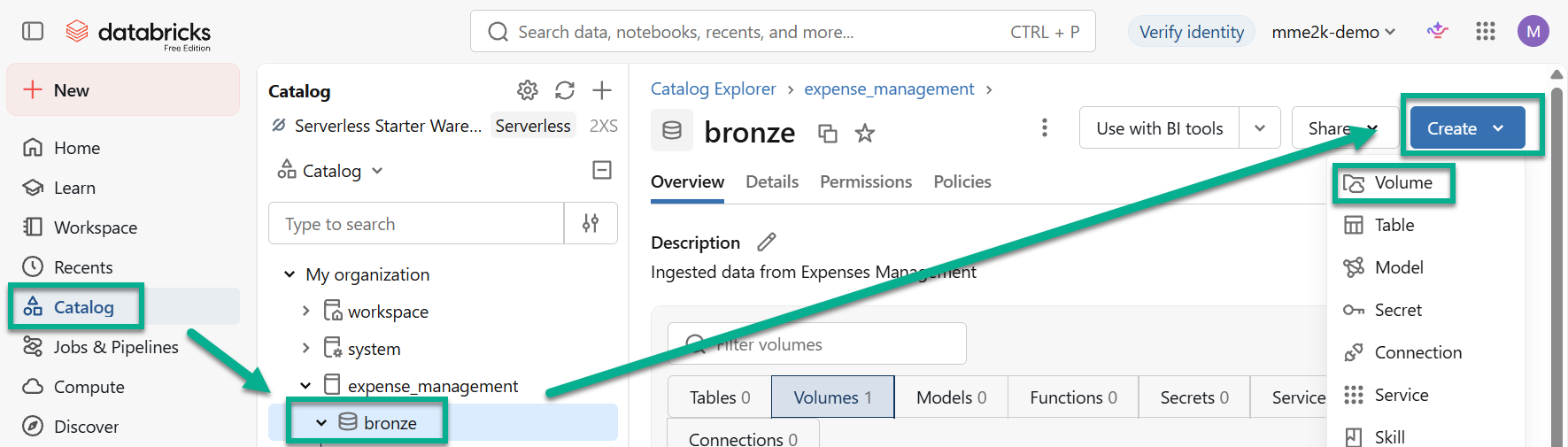 Catalog Explorer showing the bronze schema open, with the Create menu expanded and Volume highlighted