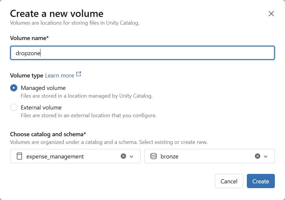 The "Create a new volume" dialog, with the volume name set to dropzone inside expense_management.bronze