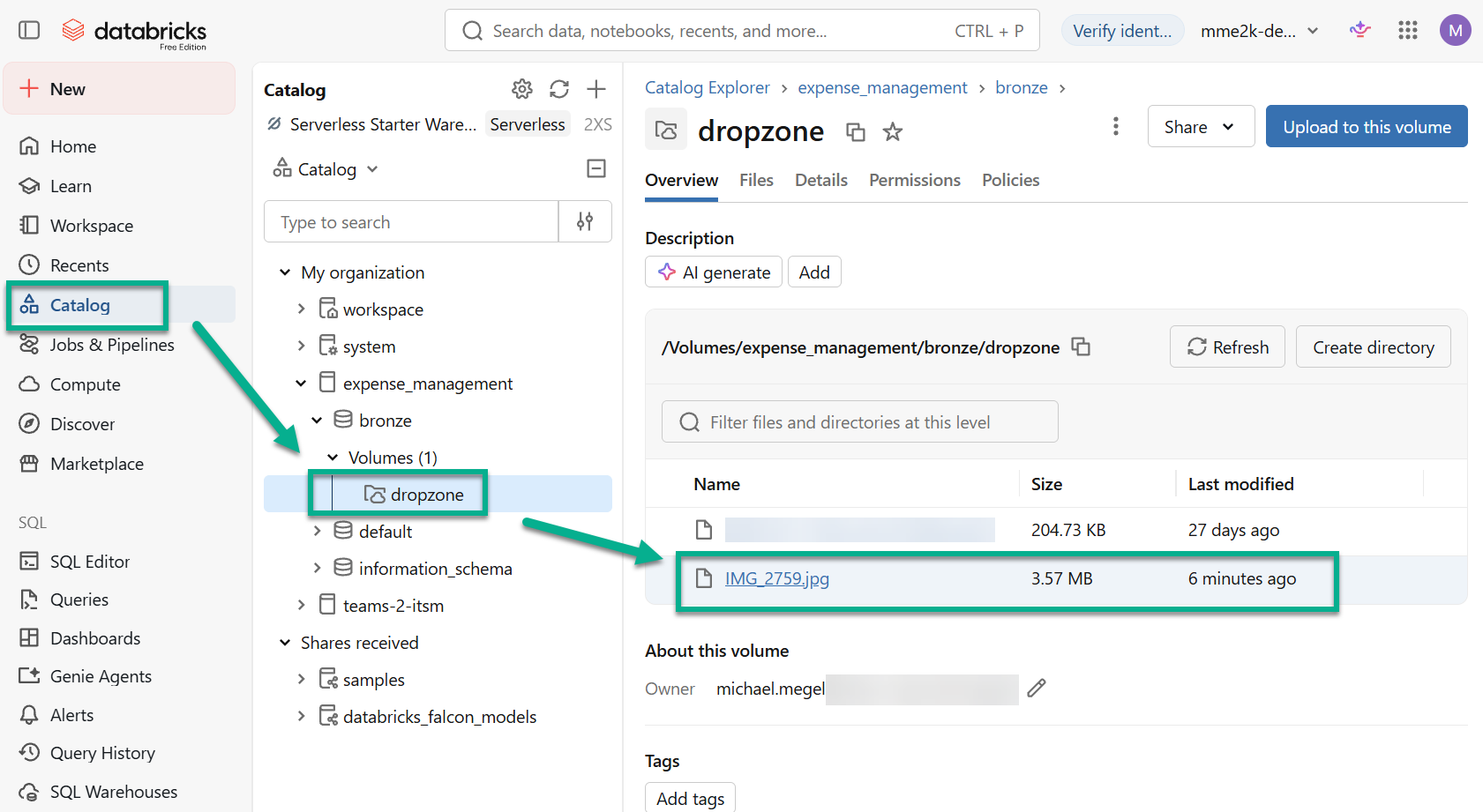 Catalog Explorer showing the dropzone volume containing the uploaded IMG_2759.jpg file