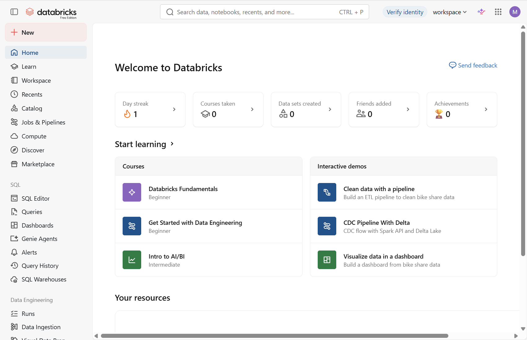 Databricks workspace ready screen