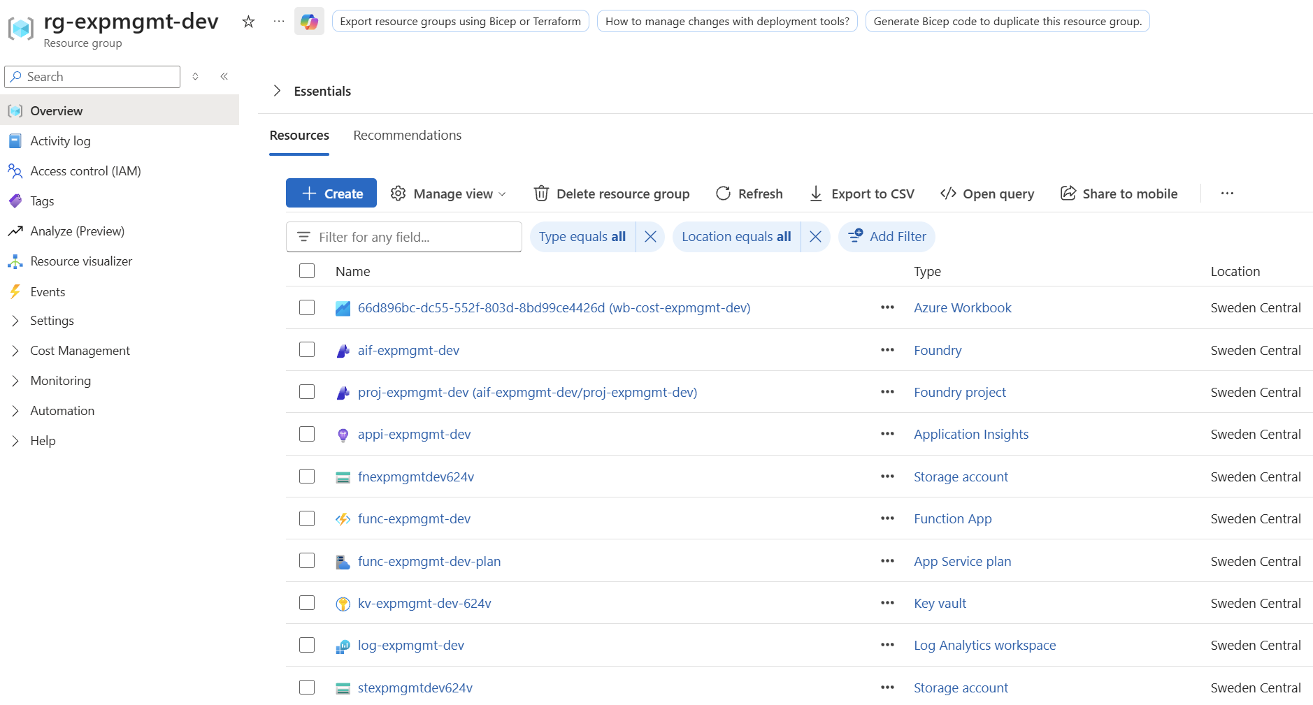 The Azure portal showing the resource group rg-expmgmt-dev with the Foundry resource and project, Application Insights, Log Analytics, Key Vault, Function App, App Service plan, two storage accounts, and a cost workbook