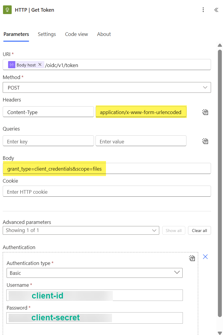 The Power Automate HTTP action that gets a token for the Databricks service principal: POST to the token endpoint, form-urlencoded content type, grant_type and scope in the body, and Basic authentication with client ID and client secret