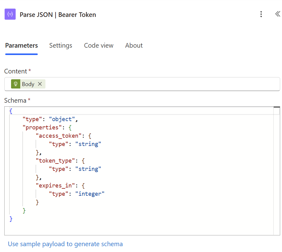 The Parse JSON | Bearer Token action with the access_token, token_type and expires_in schema