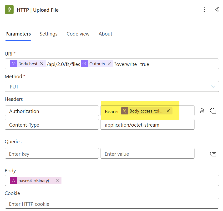 The HTTP | Upload File action with the Authorization header set to Bearer and the access_token from the parsed result