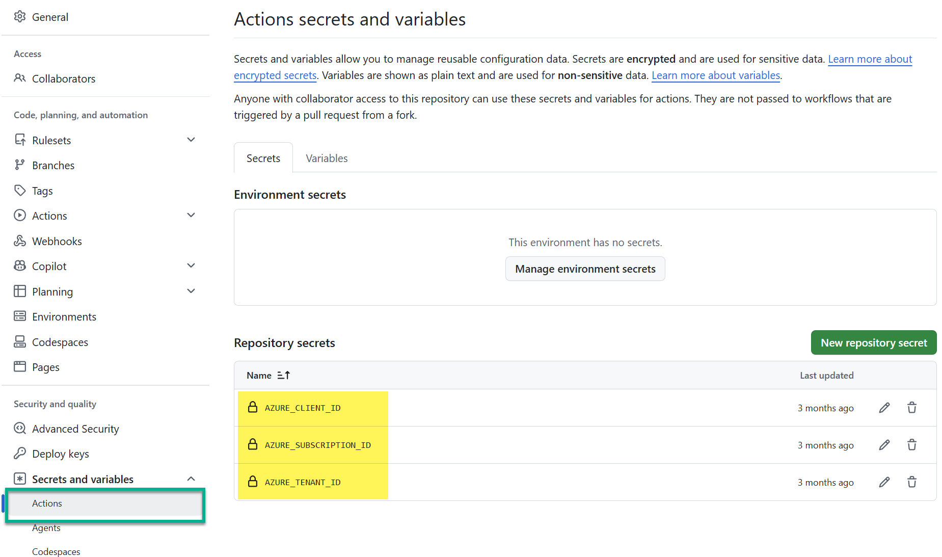 GitHub repository secrets for Actions: AZURE_CLIENT_ID, AZURE_TENANT_ID and AZURE_SUBSCRIPTION_ID, but no client secret
