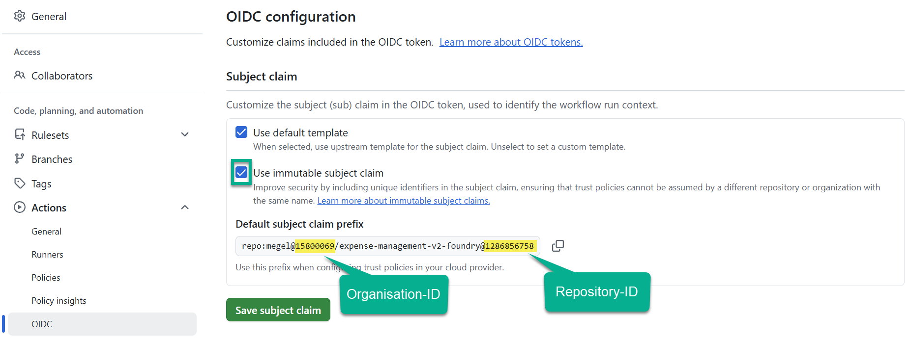 GitHub Actions OIDC settings with the immutable subject claim enabled, showing the organization ID and repository ID in the subject prefix