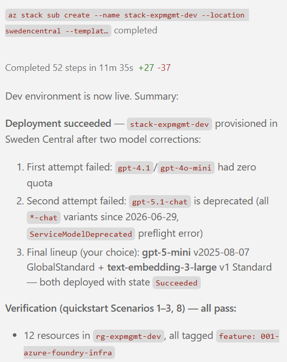 GitHub Copilot's summary of the dev deployment: the first attempt failed because gpt-4.1 and gpt-4o-mini had zero quota, the second because gpt-5.1-chat is deprecated, and the final lineup is gpt-5-mini plus text-embedding-3-large