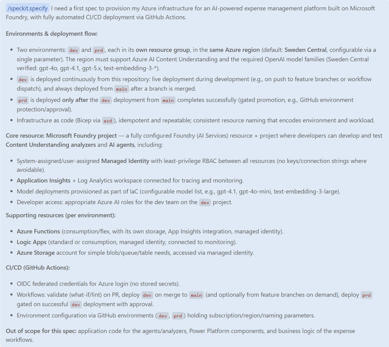 The complete /speckit.specify prompt in GitHub Copilot Chat: environments and deployment flow, the Microsoft Foundry project as core resource, supporting resources, CI/CD with GitHub Actions, and an out-of-scope section