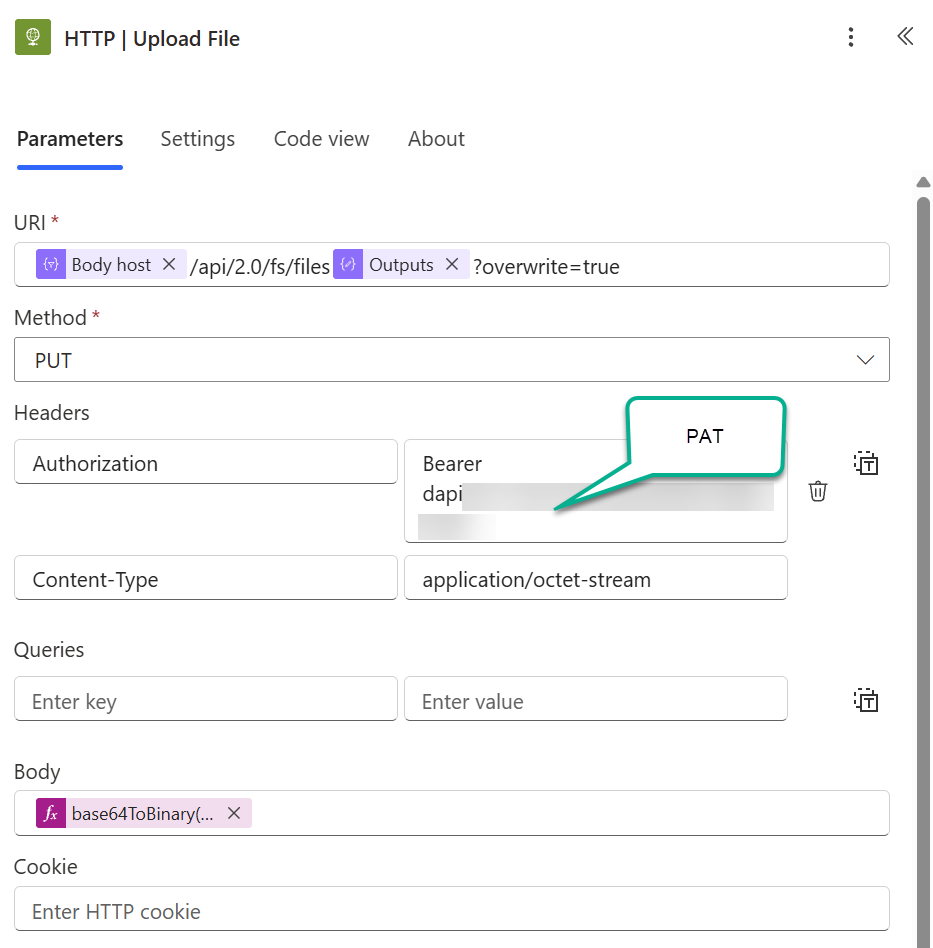 An HTTP action named "Upload File", showing the Files API URI, PUT method, Authorization and Content-Type headers, and a base64ToBinary body expression